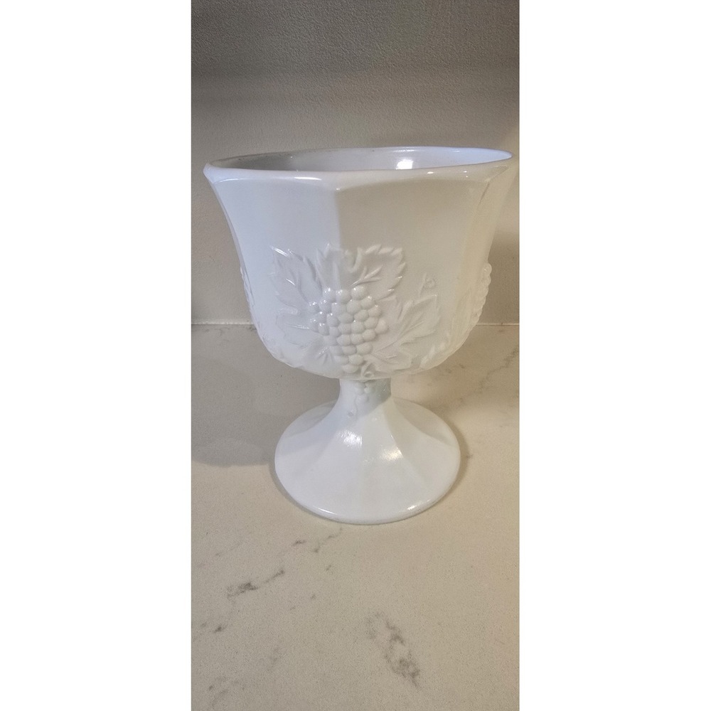 Indiana Glass Company Harvest Grape Milk Glass compote, designed with a...